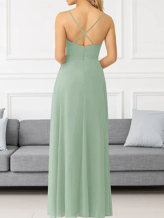 Elegant A-Line Sweetheart Sleeveless Flowy Slit Sage Green Floor-Length Prom Gown