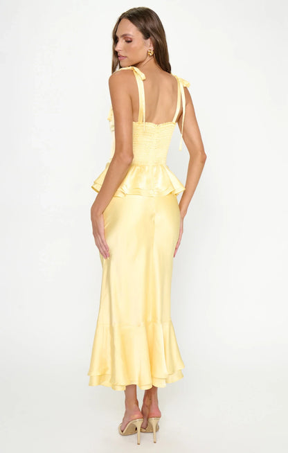 Elegant A-Line Sweetheart Sleeveless Ruffled Peplum Light Yellow Midi Prom Dress