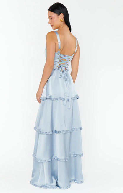 Elegant A-Line Sweetheart Sleeveless Ruffled Tiered Light Blue Floor-Length Prom Dress