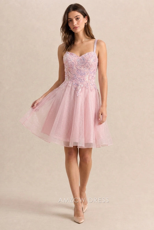 Elegant A-Line Sweetheart Spaghetti Strap Sequin Glitter Pink Short Homecoming Dresses