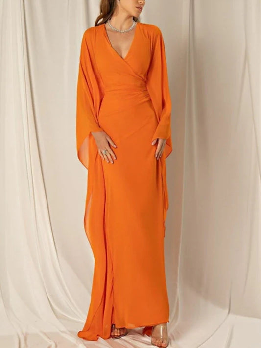 Elegant A-Line V-Neck Batwing Sleeve Ruched Orange Floor-Length Prom Dress Gown