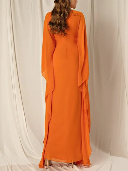 Elegant A-Line V-Neck Batwing Sleeve Ruched Orange Floor-Length Prom Dress Gown