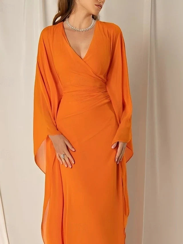 Elegant A-Line V-Neck Batwing Sleeve Ruched Orange Floor-Length Prom Dress Gown