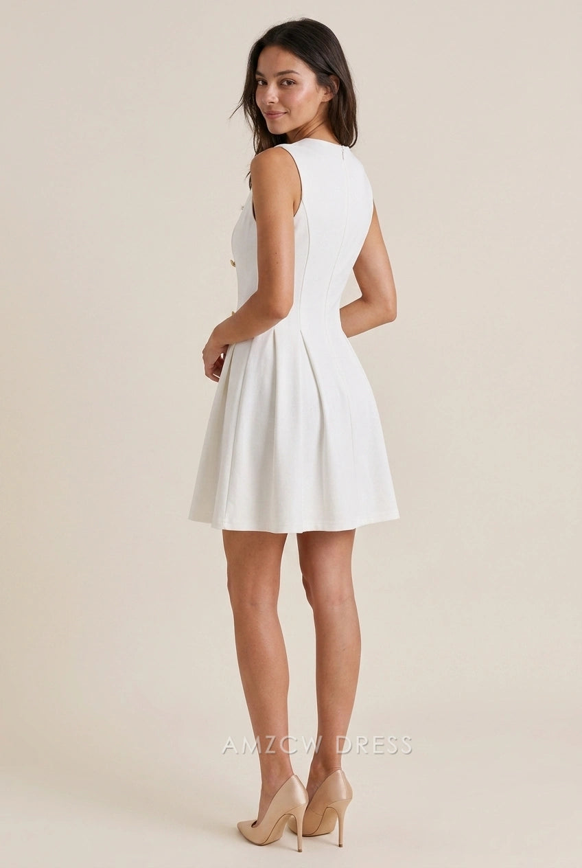 Elegant A-Line V-Neck Double-Breasted Pleated White Mini Homecoming Dresses