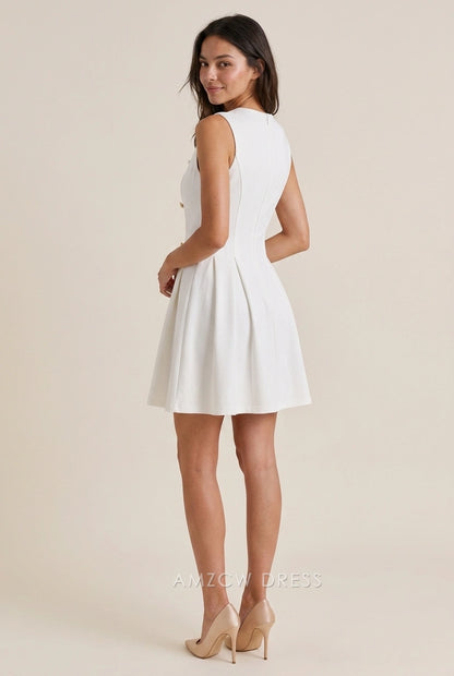 Elegant A-Line V-Neck Double-Breasted Pleated White Mini Homecoming Dresses