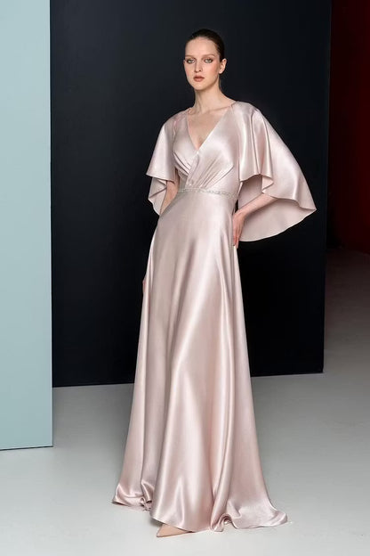 Elegant A-Line V-Neck Flutter Sleeve Embellished Blush Pink Floor-Length Prom Dress
