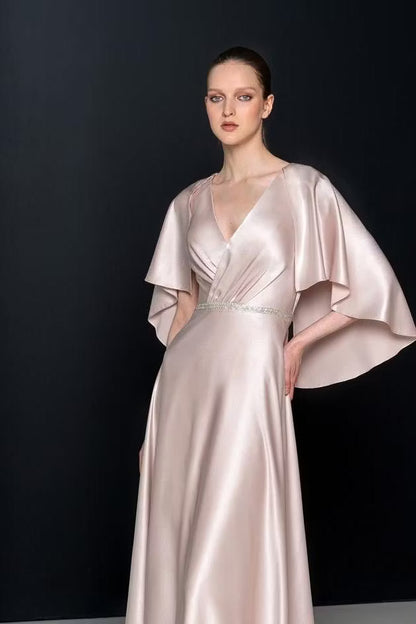 Elegant A-Line V-Neck Flutter Sleeve Embellished Blush Pink Floor-Length Prom Dress