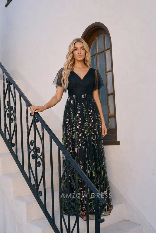 Elegant A-Line V-Neck Flutter Sleeve Floral Black Floor-Length Prom Women's Gown