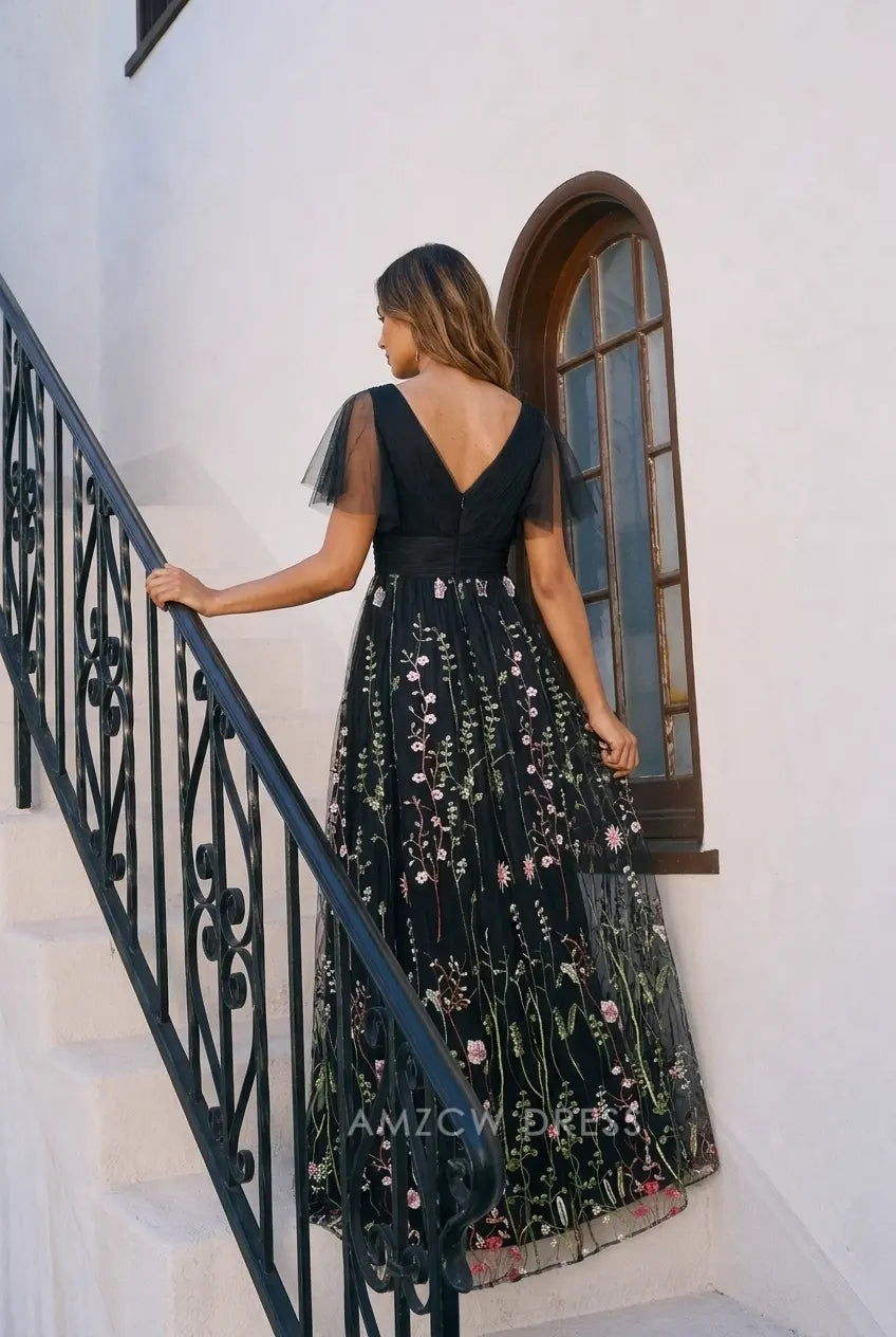 Elegant A-Line V-Neck Flutter Sleeve Floral Black Floor-Length Prom Women's Gown