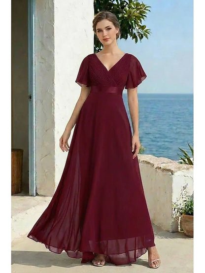 Elegant A-Line V-Neck Flutter Sleeve Ruched Burgundy Floor-Length Prom Dress