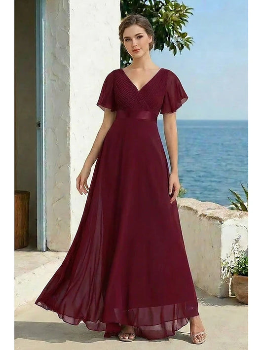Elegant A-Line V-Neck Flutter Sleeve Ruched Burgundy Floor-Length Prom Dress