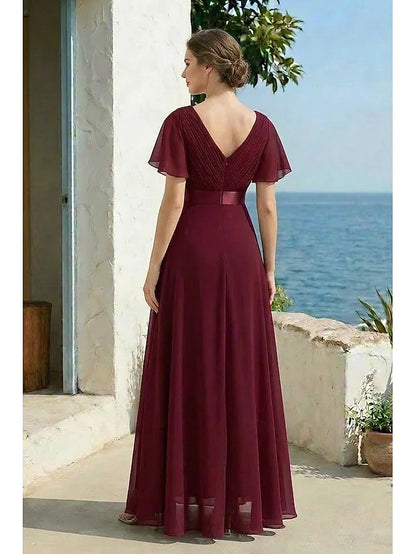 Elegant A-Line V-Neck Flutter Sleeve Ruched Burgundy Floor-Length Prom Dress