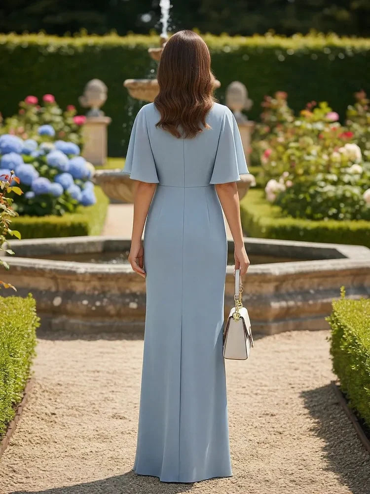 Elegant A-Line V-Neck Flutter Sleeve Ruched Dusty Blue Floor-Length Prom Dress Women's
