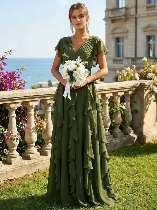Elegant A-Line V-Neck Flutter Sleeve Ruffled Olive Green Floor-Length Prom Dress