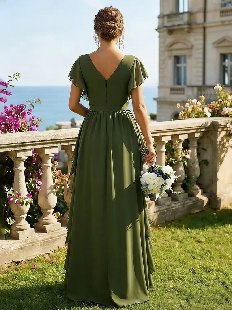 Elegant A-Line V-Neck Flutter Sleeve Ruffled Olive Green Floor-Length Prom Dress