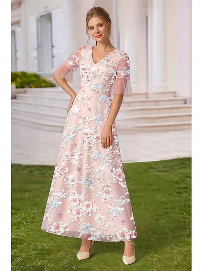 Elegant A-Line V-Neck Half Sleeve Floral Pink Maxi Prom Dresses