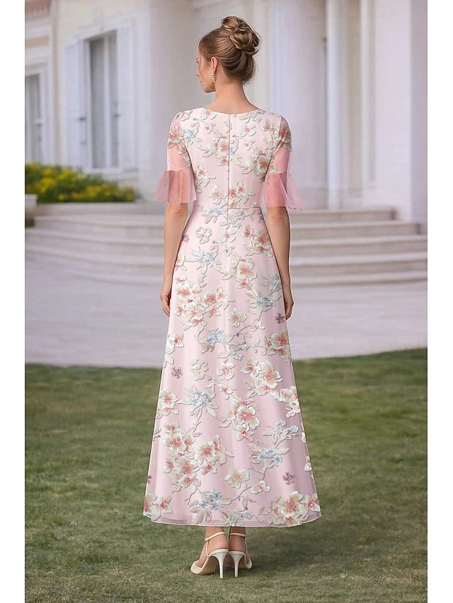Elegant A-Line V-Neck Half Sleeve Floral Pink Maxi Prom Dresses