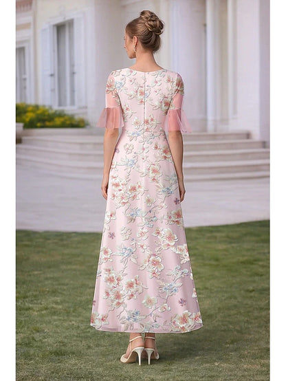 Elegant A-Line V-Neck Half Sleeve Floral Pink Maxi Prom Dresses