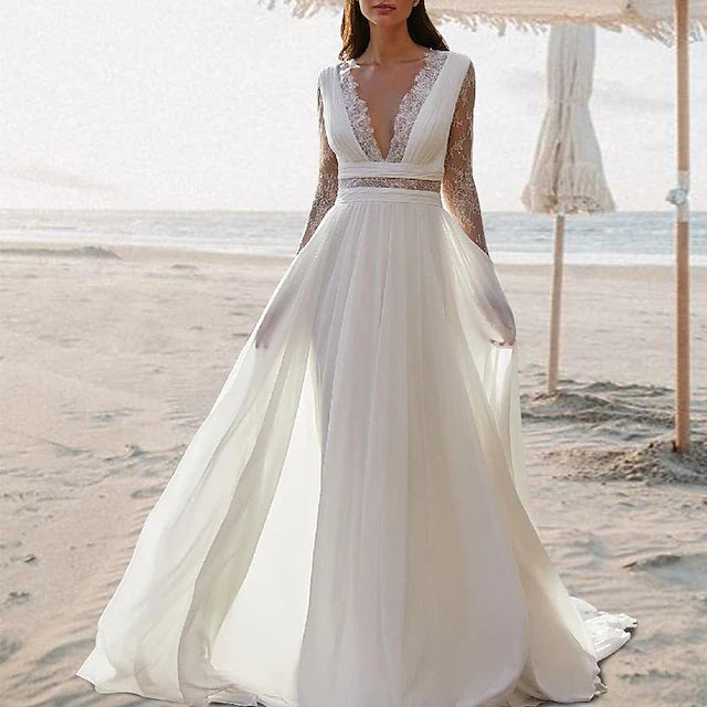 Elegant A-Line V-Neck Long Sleeve Bohemian White Floor-Length Prom Gown