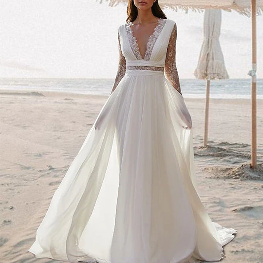Elegant A-Line V-Neck Long Sleeve Bohemian White Floor-Length Prom Gown
