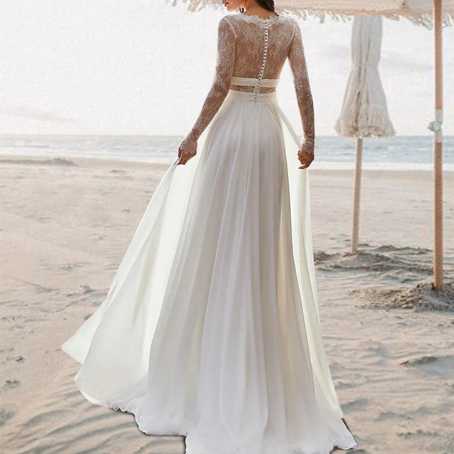 Elegant A-Line V-Neck Long Sleeve Bohemian White Floor-Length Prom Gown
