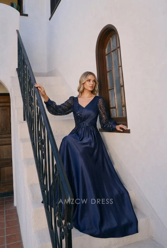 Elegant A-Line V-Neck Long Sleeve Sequin Navy Blue Floor-Length Prom Gown