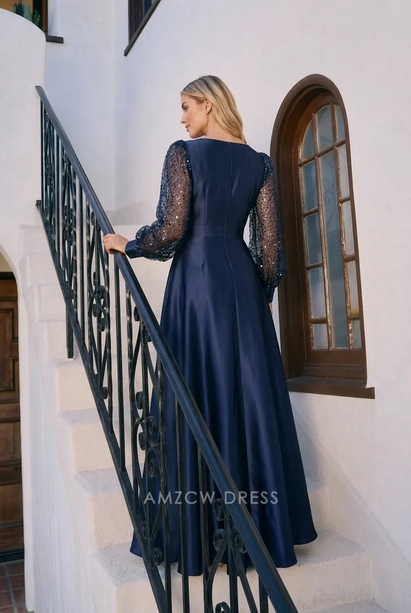 Elegant A-Line V-Neck Long Sleeve Sequin Navy Blue Floor-Length Prom Gown