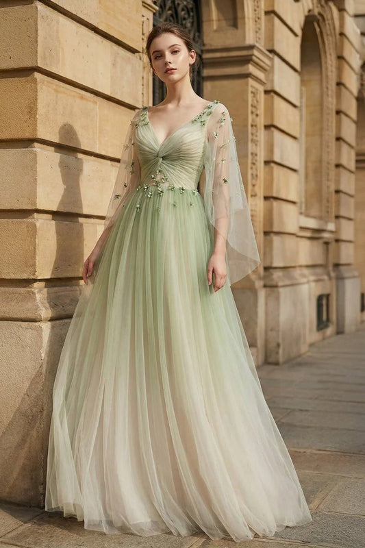 Elegant A-Line V-Neck Long Sleeves Applique Tulle Sage Floor-Length Prom Dresses