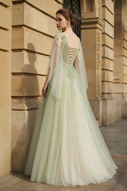 Elegant A-Line V-Neck Long Sleeves Applique Tulle Sage Floor-Length Prom Dresses