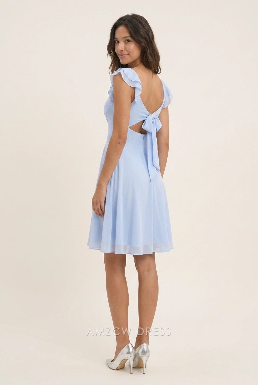 Elegant A-Line V-Neck Ruffled Open Back Light Blue Short Homecoming Dress
