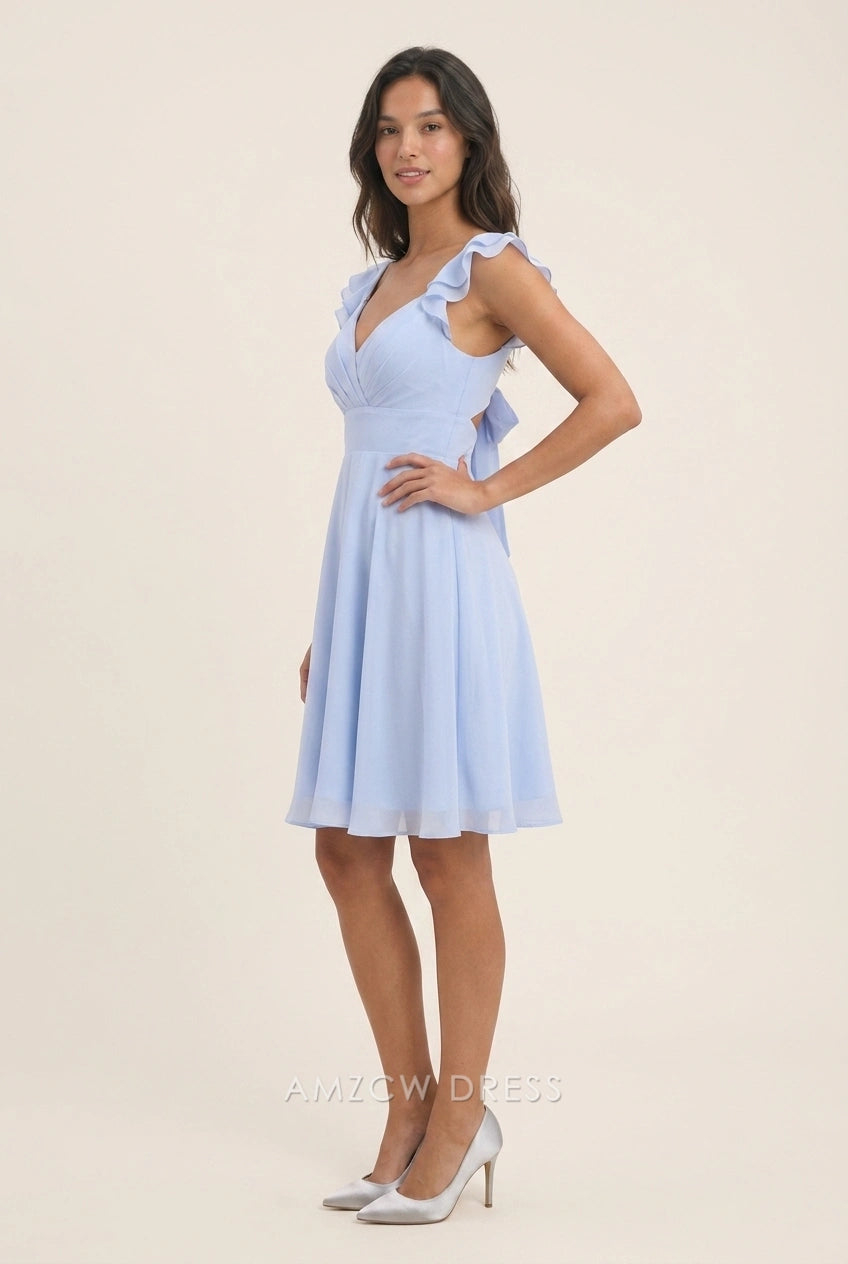 Elegant A-Line V-Neck Ruffled Open Back Light Blue Short Homecoming Dress