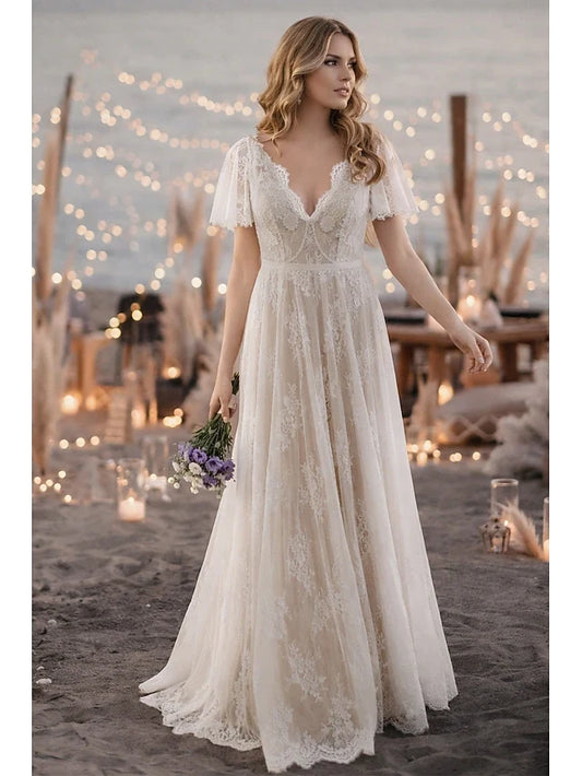Elegant A-Line V-Neck Short Sleeves Lace Flowy Ivory Floor-Length Prom Gown