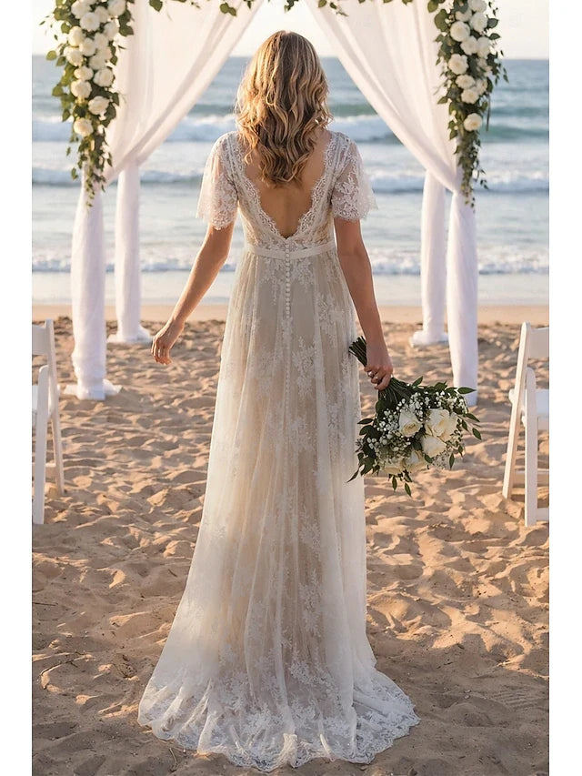 Elegant A-Line V-Neck Short Sleeves Lace Flowy Ivory Floor-Length Prom Gown