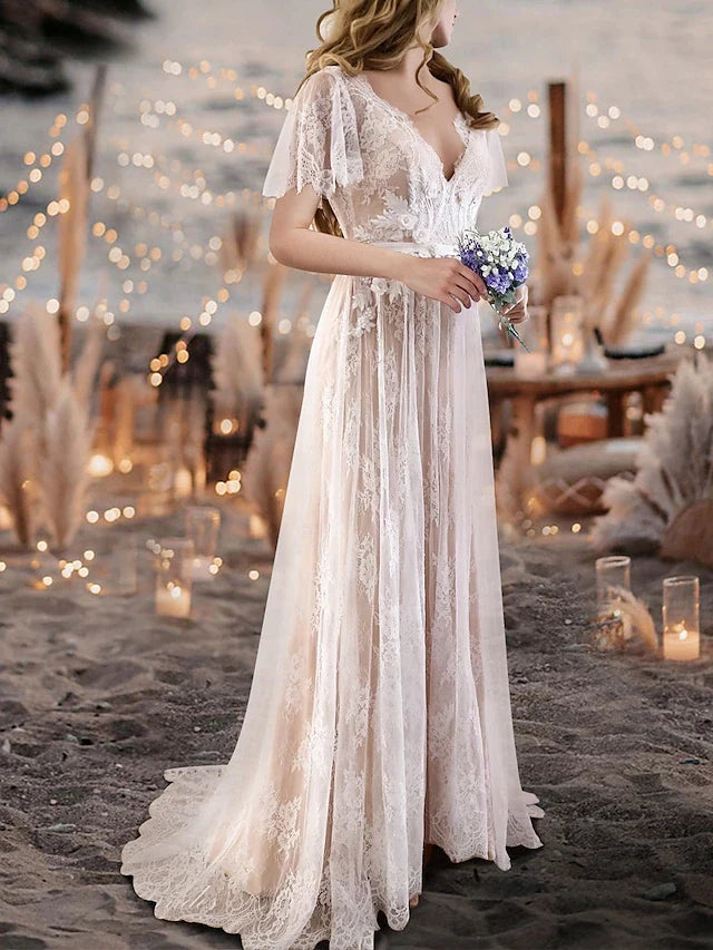 Elegant A-Line V-Neck Short Sleeves Lace Flowy Ivory Floor-Length Prom Gown
