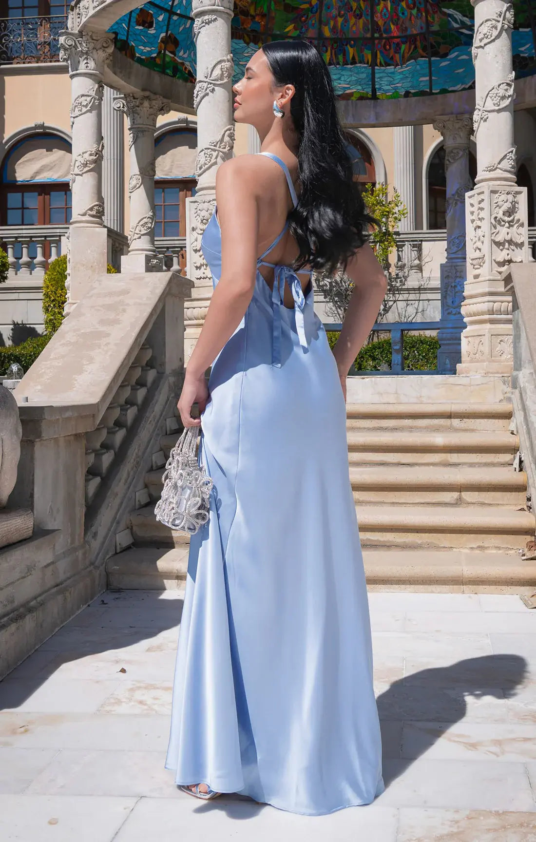 Elegant A-Line V-Neck Sleeveless Backless Slit Light Blue Floor-Length Prom Gown