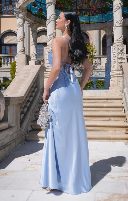 Elegant A-Line V-Neck Sleeveless Backless Slit Light Blue Floor-Length Prom Gown