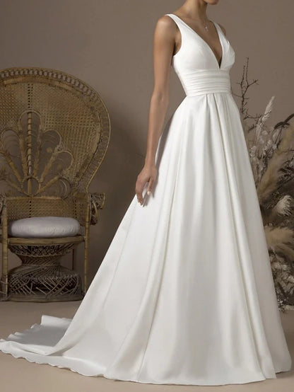 Elegant A-Line V-Neck Sleeveless Classic Ivory Floor-Length Prom Gown
