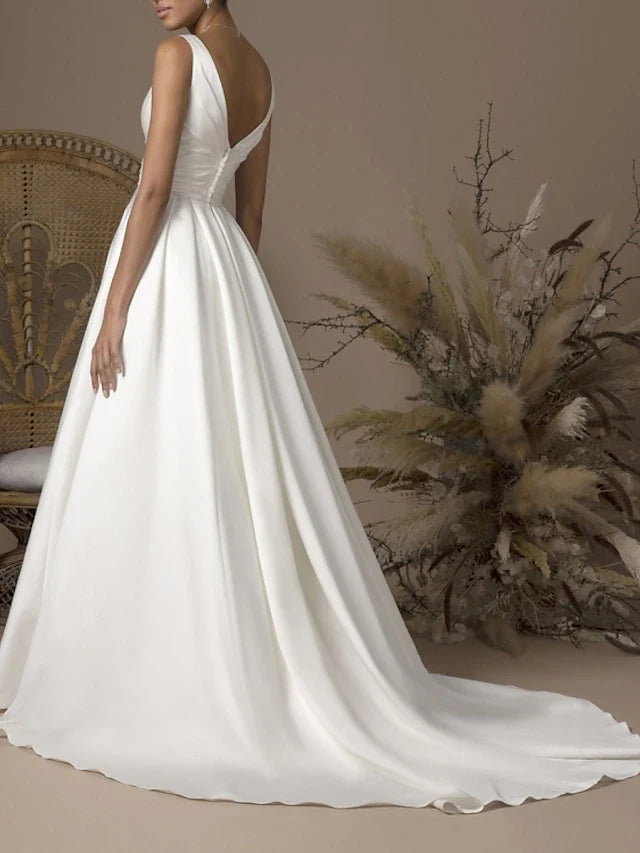 Elegant A-Line V-Neck Sleeveless Classic Ivory Floor-Length Prom Gown