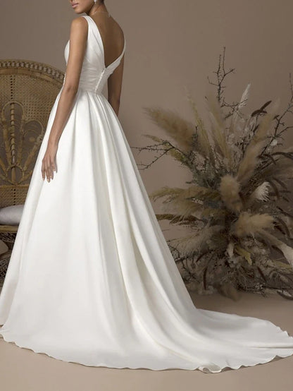 Elegant A-Line V-Neck Sleeveless Classic Ivory Floor-Length Prom Gown