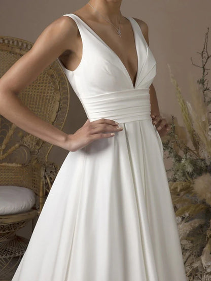 Elegant A-Line V-Neck Sleeveless Classic Ivory Floor-Length Prom Gown