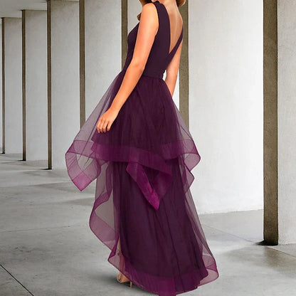 Elegant A-Line V-Neck Sleeveless High-Low Tiered Plum Prom Dresses Women's Gown
