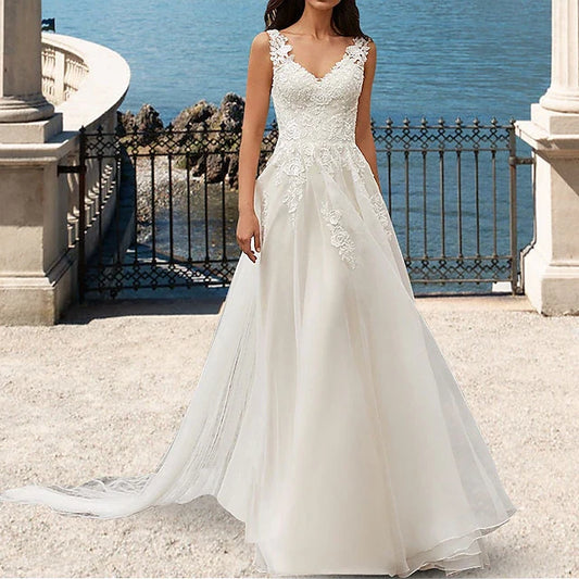 Elegant A-Line V-Neck Sleeveless Lace Flowy Ivory Floor-Length Prom Dress Women's