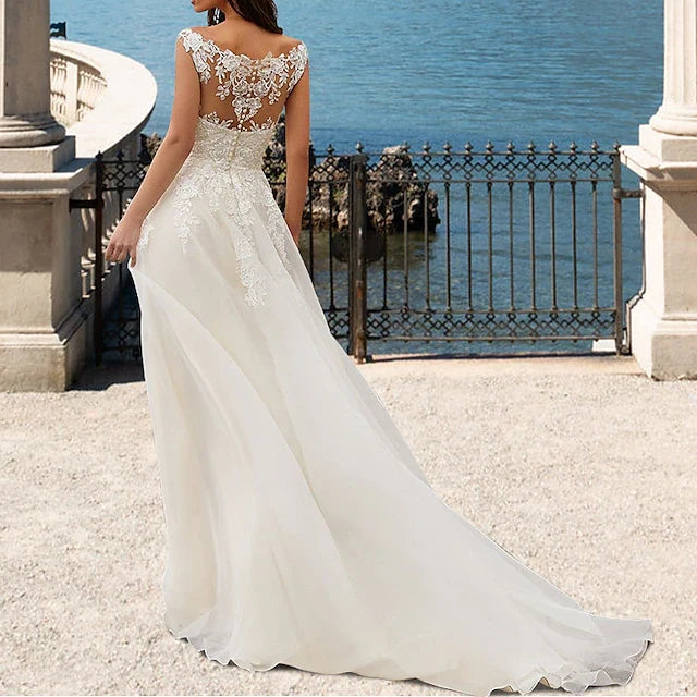 Elegant A-Line V-Neck Sleeveless Lace Flowy Ivory Floor-Length Prom Dress Women's