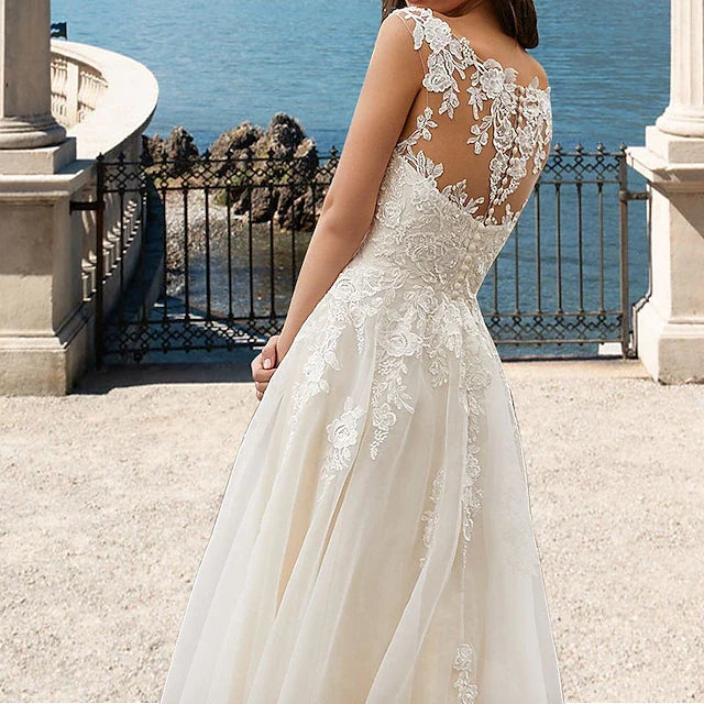 Elegant A-Line V-Neck Sleeveless Lace Flowy Ivory Floor-Length Prom Dress Women's
