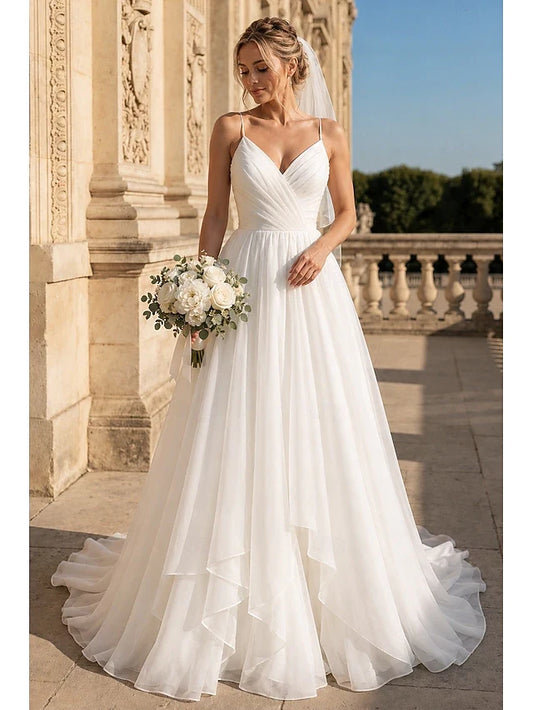 Elegant A-Line V-Neck Sleeveless Pleated Layered White Floor-Length Prom Gown