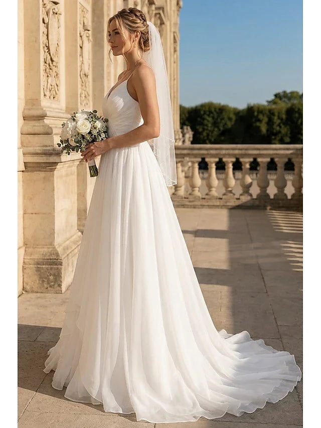 Elegant A-Line V-Neck Sleeveless Pleated Layered White Floor-Length Prom Gown