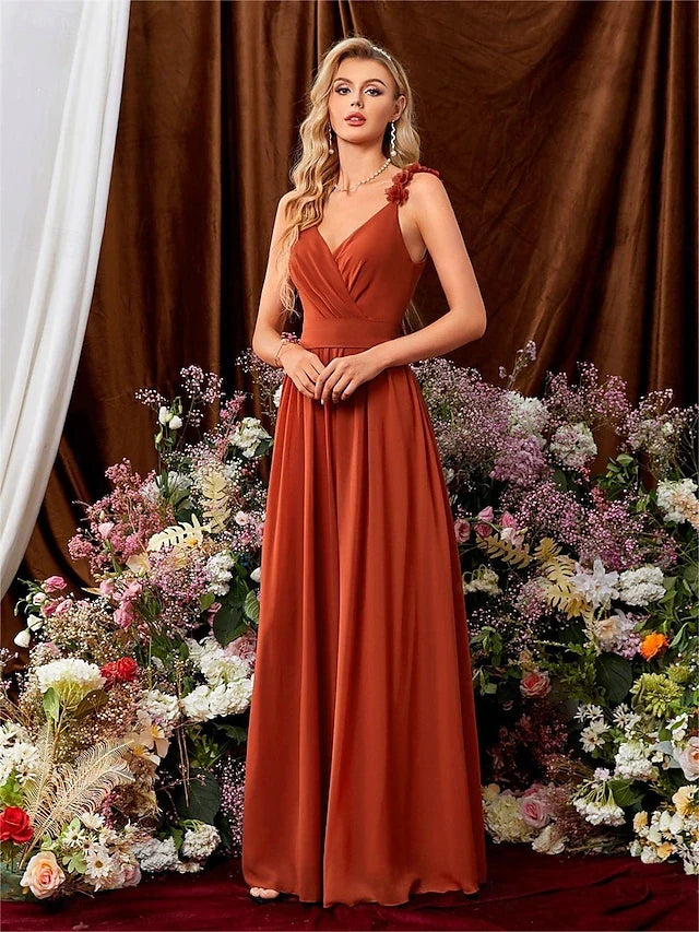 Elegant A-Line V-Neck Sleeveless Ruffled Pleated Rust Orange Floor-Length Prom Dress