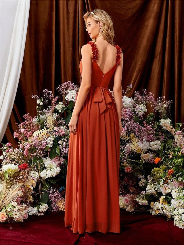 Elegant A-Line V-Neck Sleeveless Ruffled Pleated Rust Orange Floor-Length Prom Dress