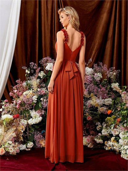Elegant A-Line V-Neck Sleeveless Ruffled Pleated Rust Orange Floor-Length Prom Dress