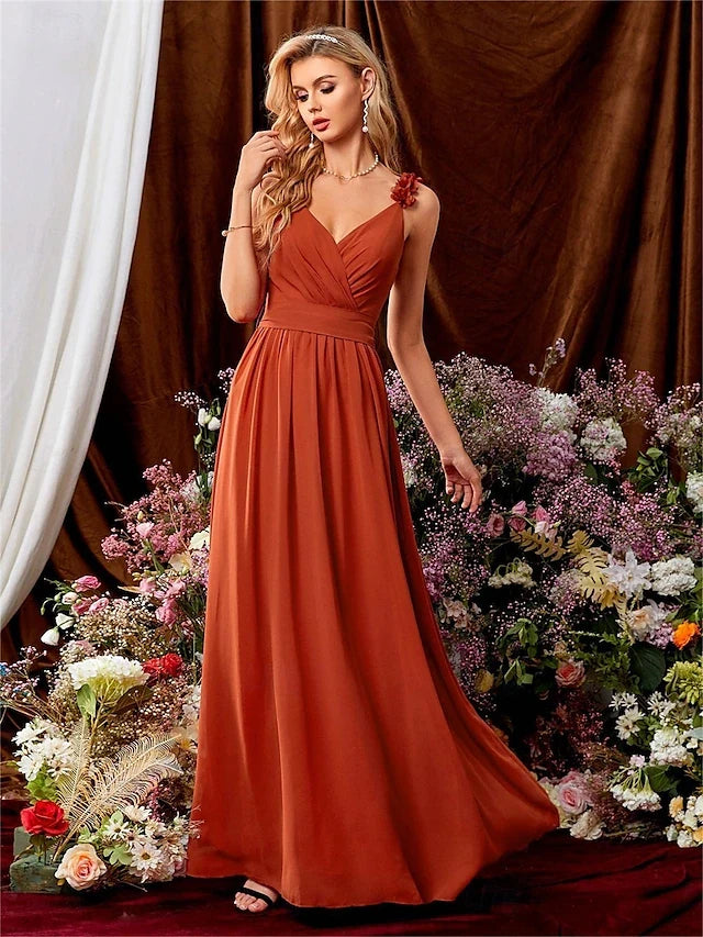 Elegant A-Line V-Neck Sleeveless Ruffled Pleated Rust Orange Floor-Length Prom Dress